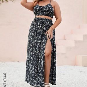 All over print crisscross knot cami top & slit skirt